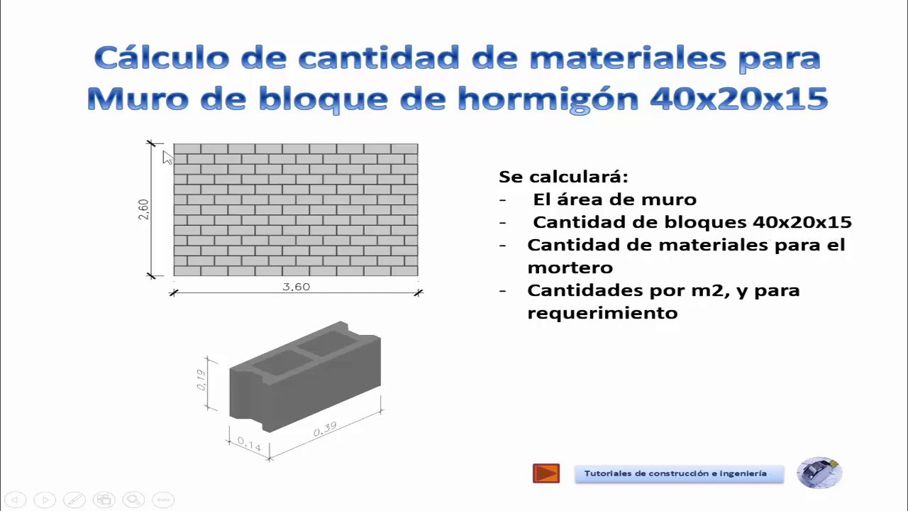 Cálculo de materiales de construcción para un muro de bloque de hormigón 40x20x15 - TCICM15A