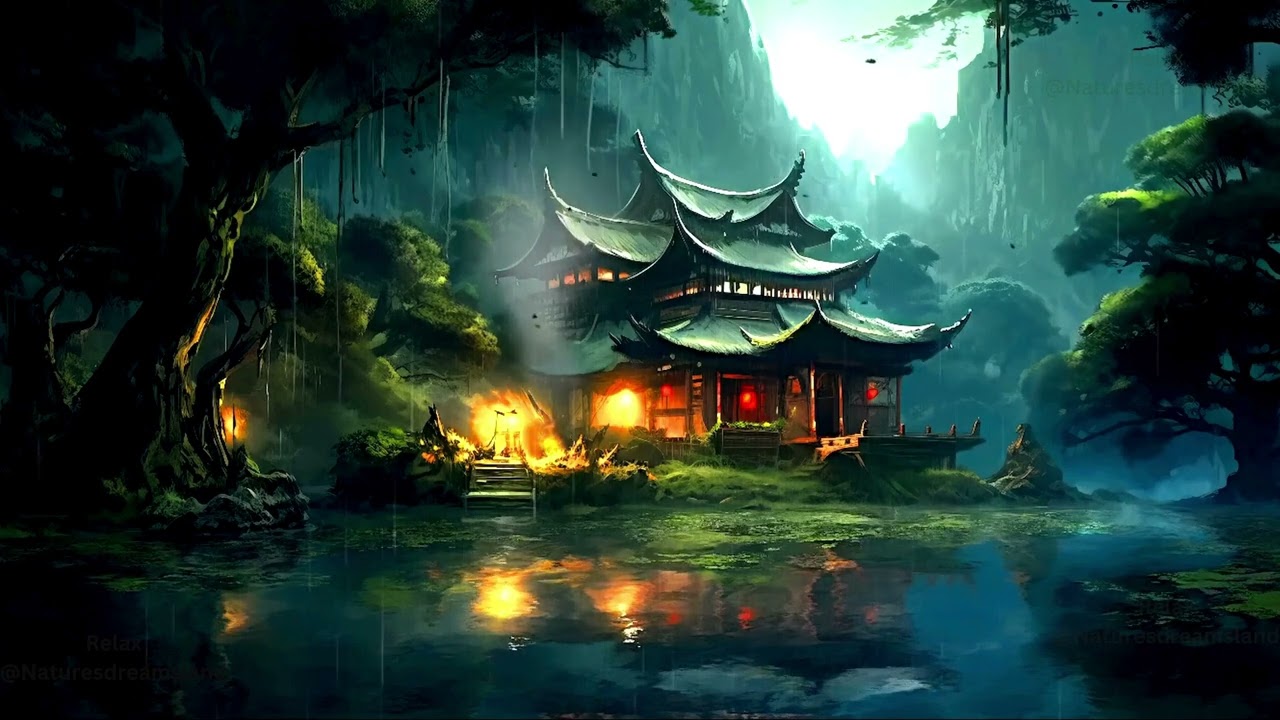 Asian home and fire burning wood outside while raining,trees surround the cozy ambient.