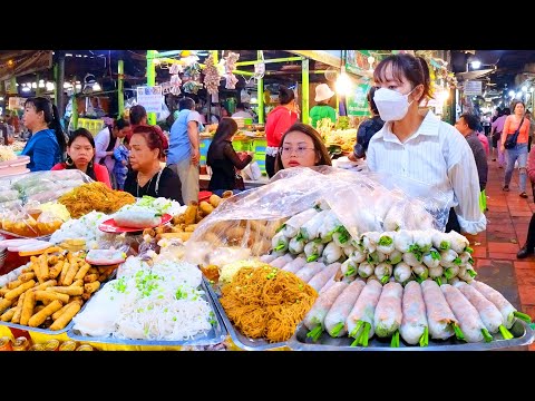 Most Popular Snacks in Market - Yellow Pancake, Spring Roll, Rice Noodles - Cambodia Street Food