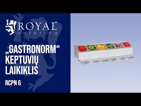 vaizdo įrašas - „Gastronorm“ keptuvių laikiklis - su 6 1/6 „Gastronorm“ konteineriais su dangteliais