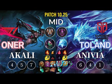 T1 Oner Akali vs SB TolanD Anivia Mid - KR Patch 10.25