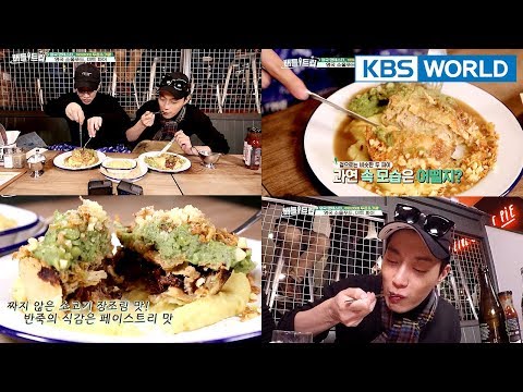 Dujun and Gikwang enjoy unique meat pies. YUM!!  [Battle Trip/2018.03.18]