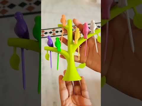 Plastic multicolor neural leaf bird fruit fork (0056)