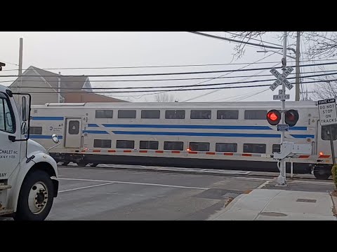 2 LIRR Double Decker Trains Meet - Indian Head Rd Railroad Crossing, Kings Park NY