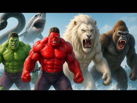 Epic Clash: Hulk, Red Hulk & Kong vs Megalodon, White Lion & Anaconda 🌊🔥