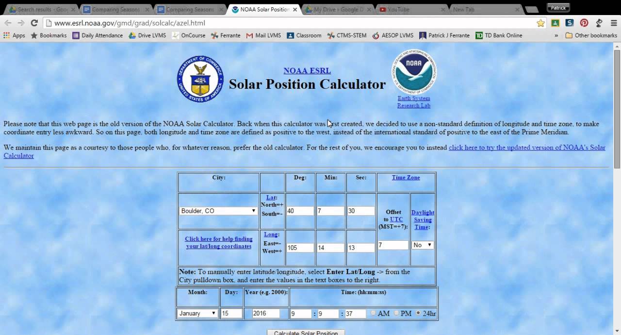 Finding Solar Angle Using NOAA Solar Position Calculator