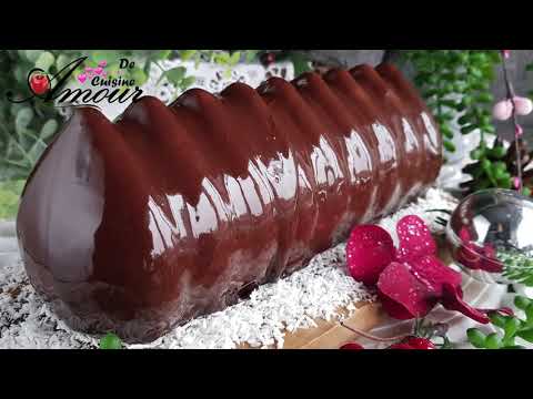 Ice log with hazelnut praline mousse, clementine insert and chocolate mirror glaze