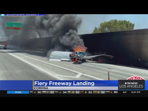 Small plane crash lands on 91 Freeway in Corona