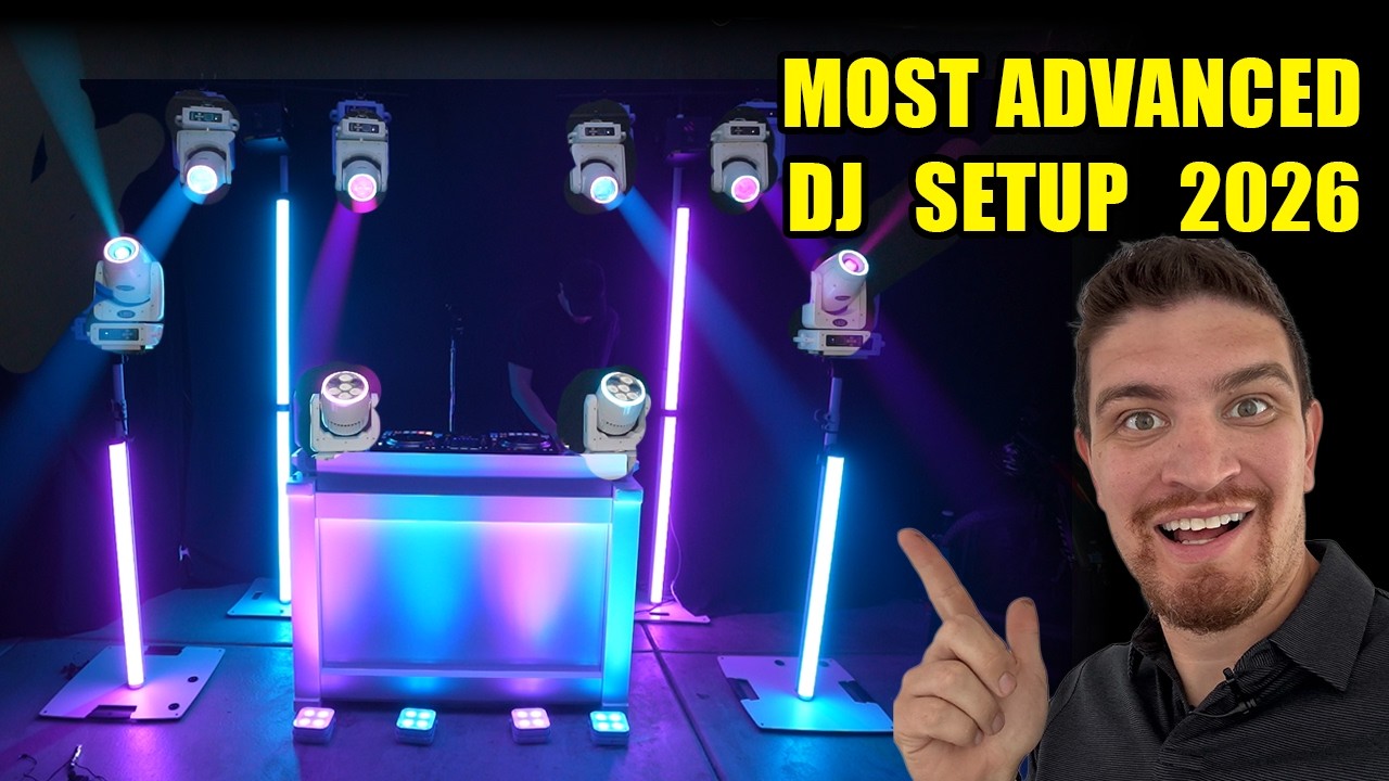 Professional DJ lighting rig setup with multiple light sources and DMX control