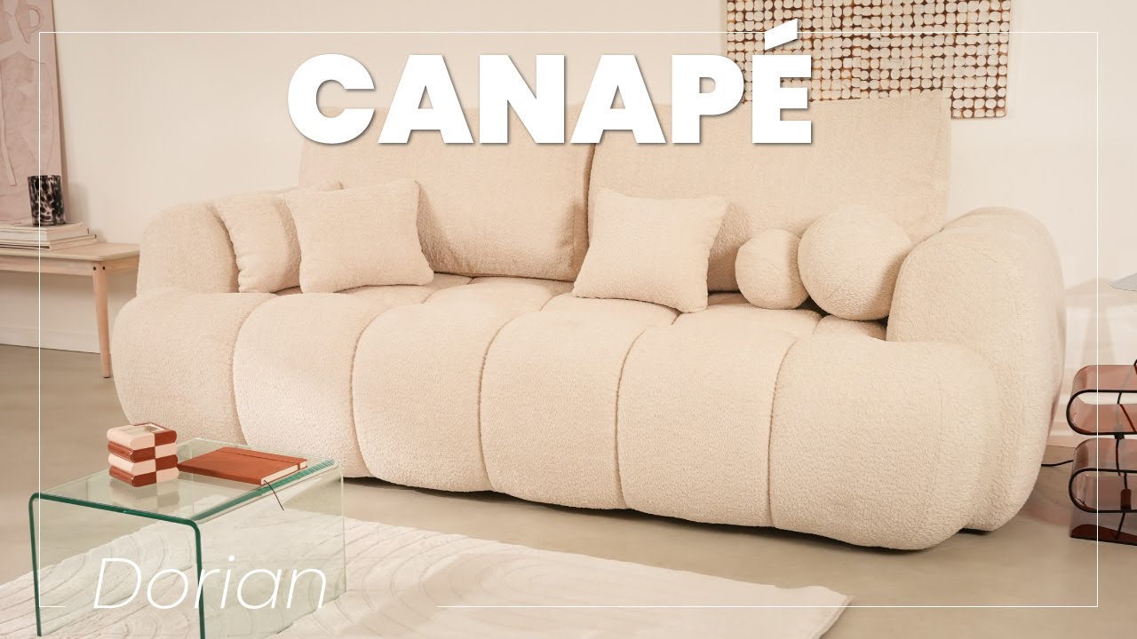 Thumbnail video of the produit Dorian - Canapé droit 3 places convertible avec coffre en tissu bouclette