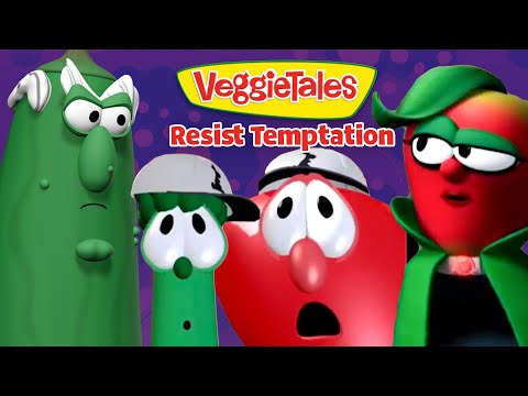 VeggieTales characters stand together on a purple background, with the bold 'Resist Temptation' title above them.