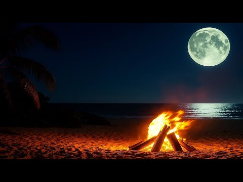 Full Moon Beach Campfire Ambience 12 Hours – Relaxing Ocean Waves & Crackling Fire Sounds for Sleep