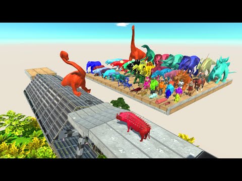 All Colors Dinosaur Run on a spinning trap - Who maybe eat Pink Pig | Animal Revolt Battle Simulator