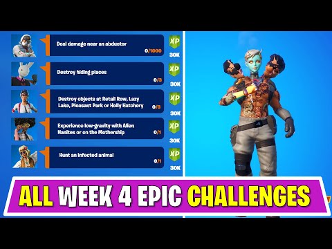 All week 4 Epic Quest Challenges- Fortnite | Low-Gravity, Damage near an Abductor, Infected animal