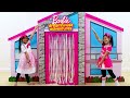 Emma & Jannie Pretend Play with Giant Cardboard Barbie Playhouse and Girl Toys