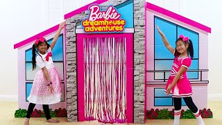 Emma &amp; Jannie Pretend Play with Giant Cardboard Barbie Playhouse and Girl Toys