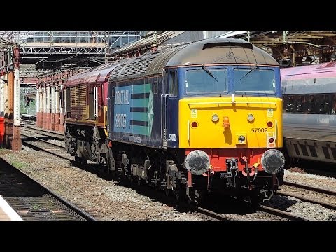 EWS 66134 & DRS 57002 on 0Z96 Crewe BH to Toton at Crewe 12/6/2014