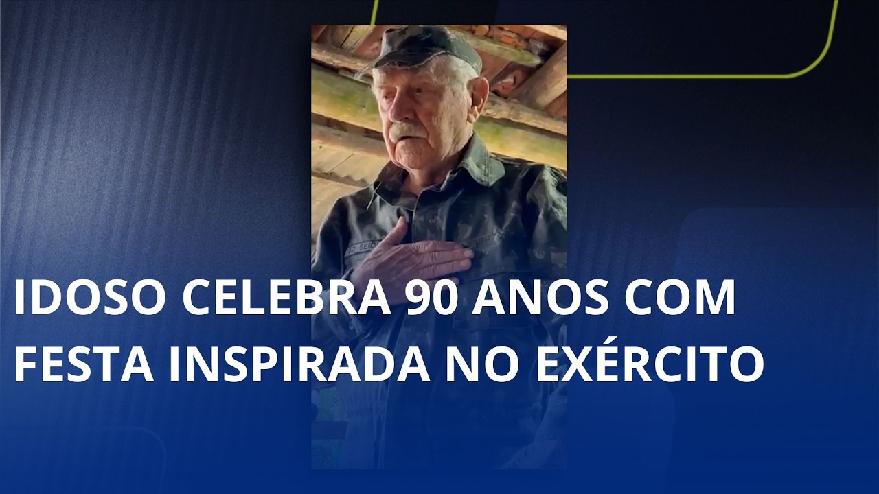 Idoso celebra 90 anos com festa inspirada no exército