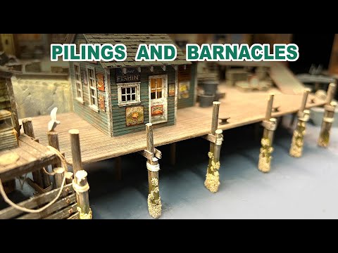 Making pilings with barnacles for our waterfront scene on our model railroad layout!