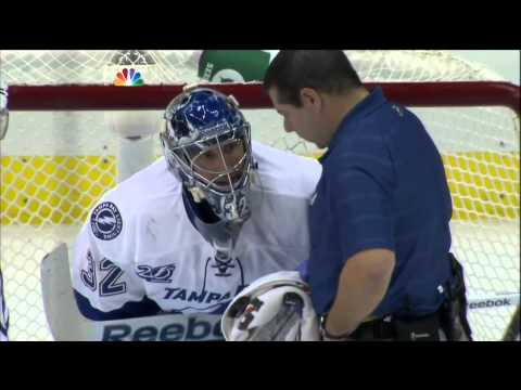 Mathieu Garon injury Mar 4 2013 Tampa Bay Lightning vs Pittsburgh Penguins