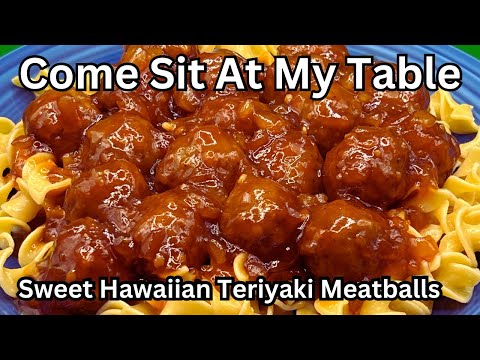 Sweet Hawaiian Teriyaki Meatballs with Buttered Noodles - slow cooker main dish - few ingredients