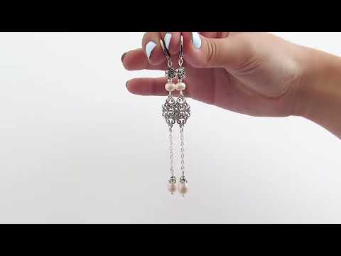 Серьги серебро родий с розовым жемчугом Аиша Длинные серьги-цепочки Ручная работа - фото 1 - id-p1418683832