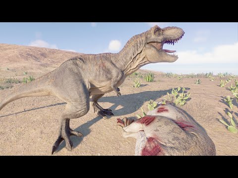Tyrannosaurus, Indominus, Spinosaurus, G Rex, A Rex Dead fight in Desert Jurassic World Evolution 2