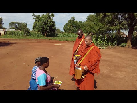 For first time, alms round of Buddhist monks in Uganda, Africa.