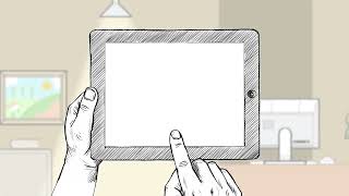 Standbild aus Erklärvideo: Illustration einer Hand, die einen Tablet-PC hält, darauf die Startseite von hogafit.de