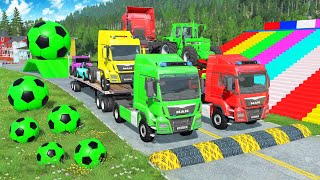 Flatbed Trailer McQueen Transportation with Truck - Speedbumps vs Cars vs Train - BeamNG.Drive #578