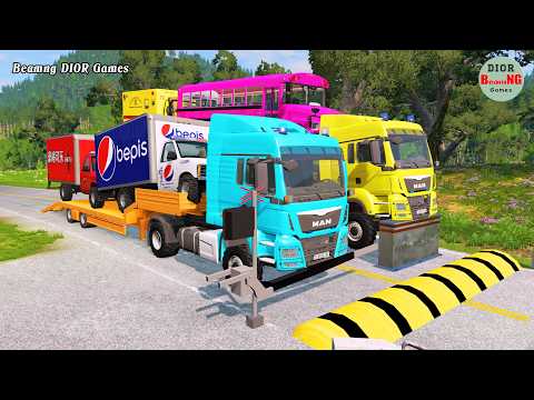 Double Flatbed Trailer Truck vs speed bumps|Busses vs speed bumps|Beamng Drive|1329