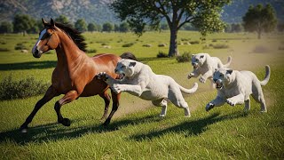 Under the Burning Sun, Three White Panthers Make Their Move on a Bay Horse