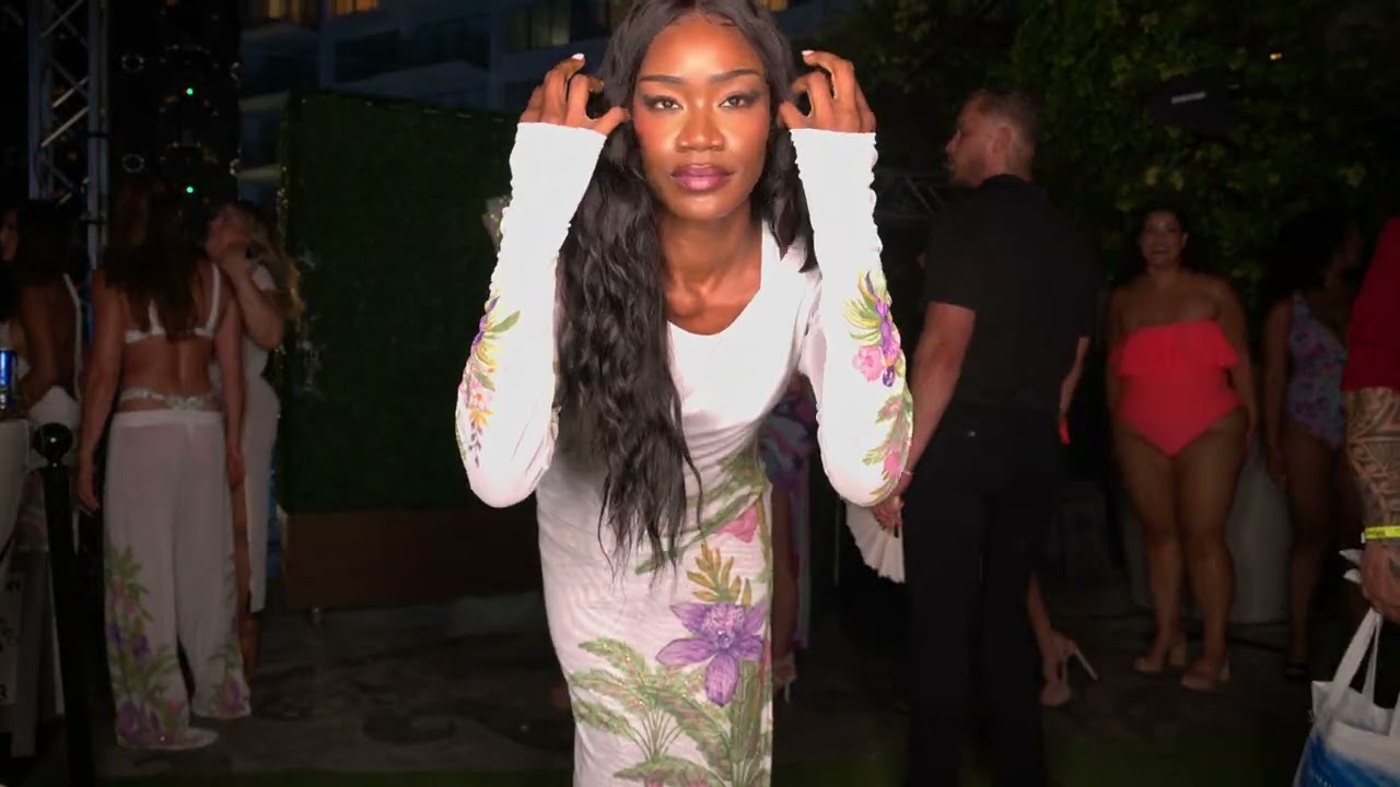 Model poses backstage during Miami Swim Week The Shows before runway walk