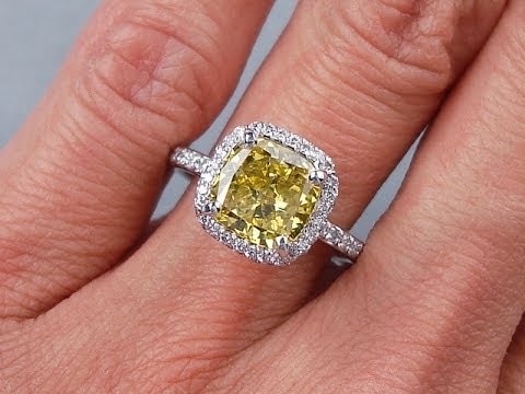 2.67 ctw Cushion Cut Vivid Yellow SI1 Diamond Engagement Ring - BigDiamondsUSA