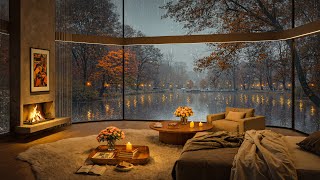 🌧️🍂 Autumn Bedroom Jazz by the Lake | Cozy Fireplace & Rain Sounds for Relaxation
