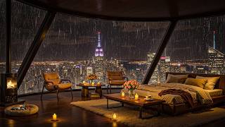 Rainy New York Penthouse Night 🌧️ Smooth Jazz Music with Cozy Fireplace & City Skyline View
