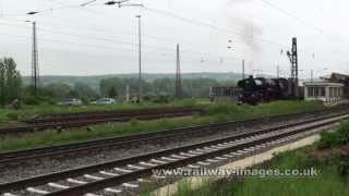 preview picture of video 'Steam Locomotives 03 1010-2 and 52 8154-8 depart Naumburg (Saale) - Dampflok'