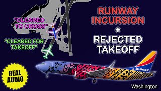 Runway incursion and rejected takeoff. Boeing 737 MAX 8 enters active runway at Washington. Real ATC
