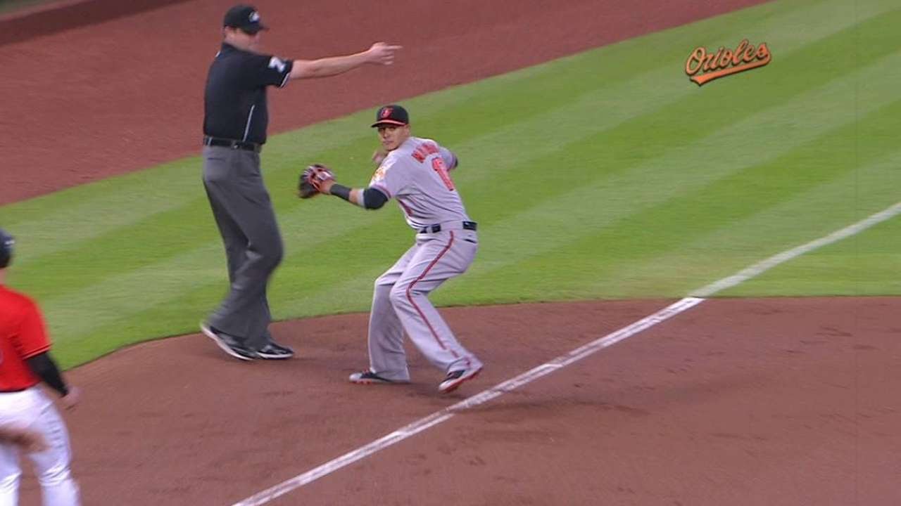 BAL@MIA: Machado fires a long throw for the out