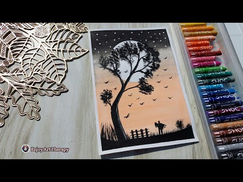 Beautiful Scenery Drawing With Oil Pastels || Night Scenery Drawing || Oil Pastel Drawing 