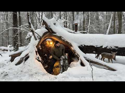 Building a Cozy Winter Shelter Under Tree Roots | Ice Fishing