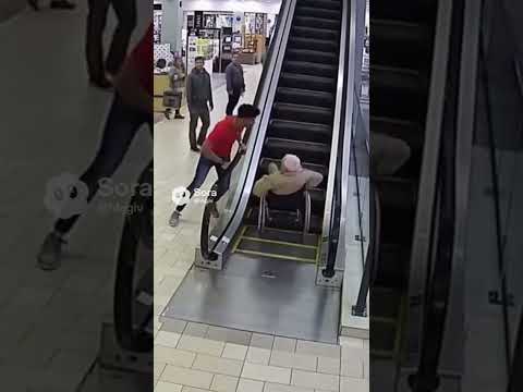 Heroic Young Man Stops Escalator Wheelchair Accident in Busy Mall
