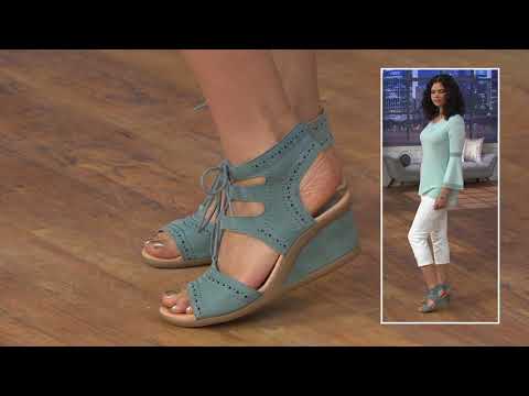 Earth Leather Lace-up Peep-Toe Wedge Sandals - Daffodil on QVC