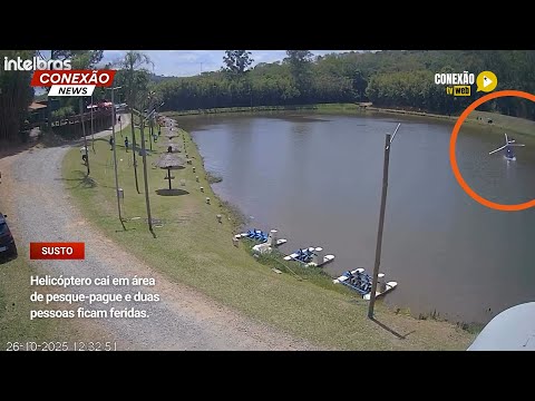 Vídeo: Helicóptero cai em área de pesque-pague e duas pessoas ficam feridas.