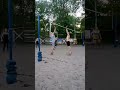 Beach volleyball, passing out of bounds.
