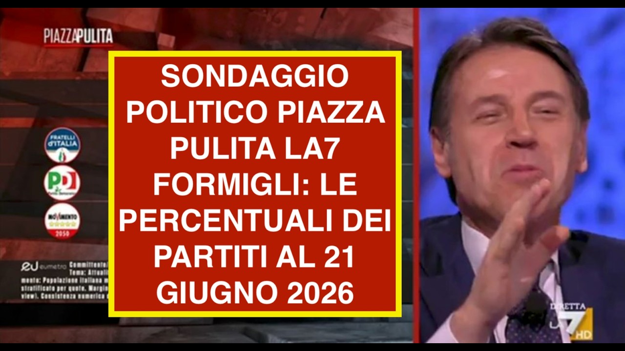 SONDAGGIO POLITICO PIAZZA PULITA LA7 FORMIGLI: LE PERCENTUALI DEI PARTITI AL 21 GIUGNO 2026
