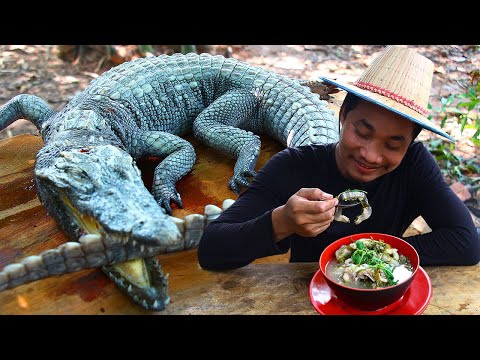 COOKING CROCODILE SOUP WITH GREEN RECIPE ON TOP