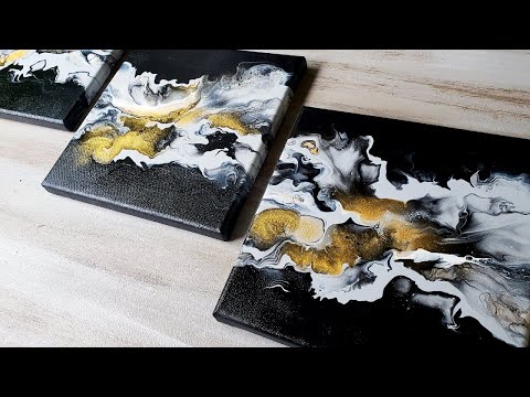 BLACK/WHITE/GOLD Dutch Pour Painting - Triptych Acrylic Fluid Art