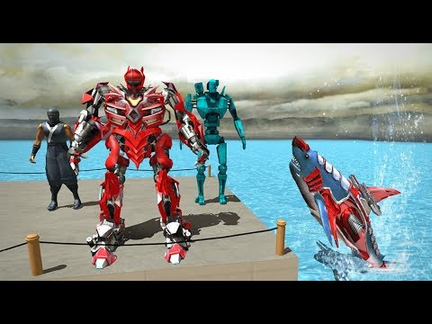► Robot Shark vs City Robot helicopter | Real Robot Shark Game Transforming Shark Robot#2