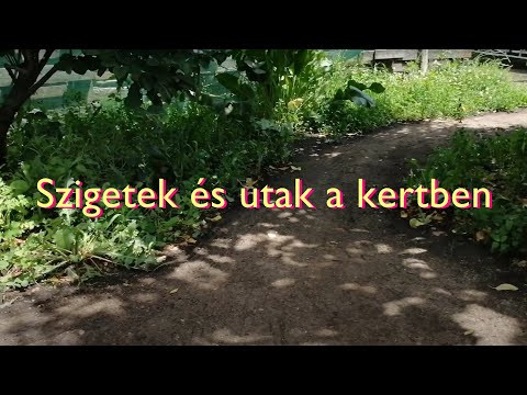Szigetek és utak a kertben kapával, gereblyével, locsolókannával